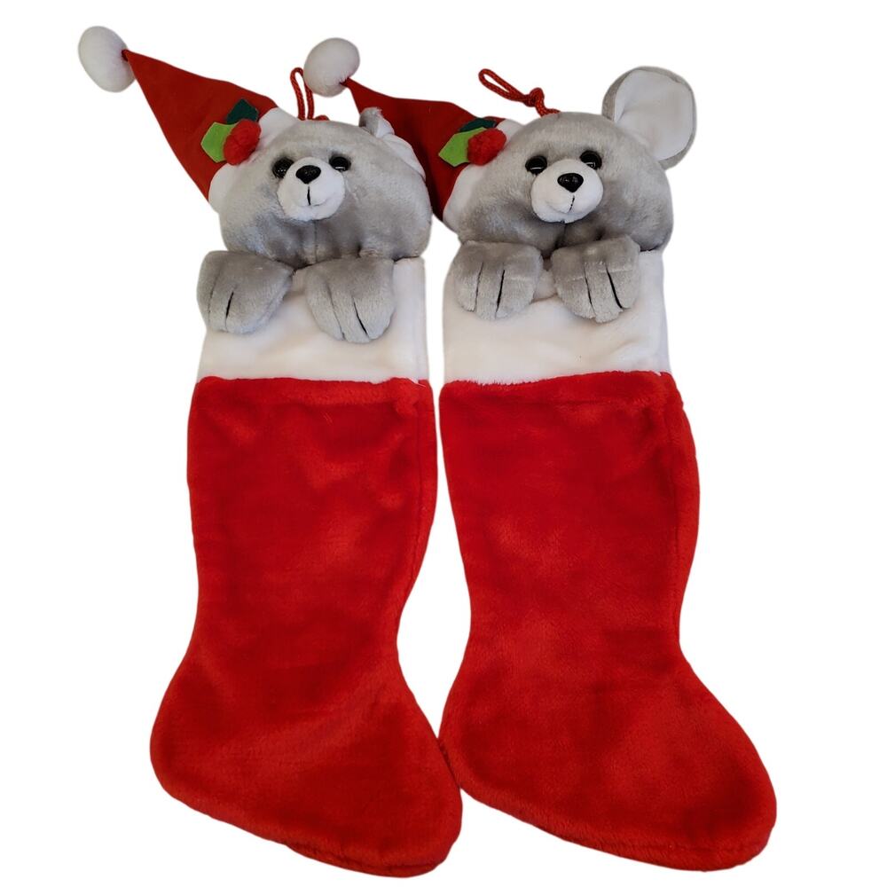 Vintage Russ Plush Bear Christmas Stockings in Red and White